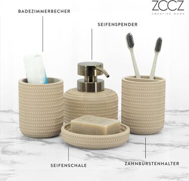ZCCZ Bathroom Set – 4-Piece Organizer Set with Toothbrush Holder, Soap Dispenser, Cosmetic Bowl, and Cotton Swabs – Elegant Stone-Look Decor, for Modern Bathrooms (Beige 4pcs)