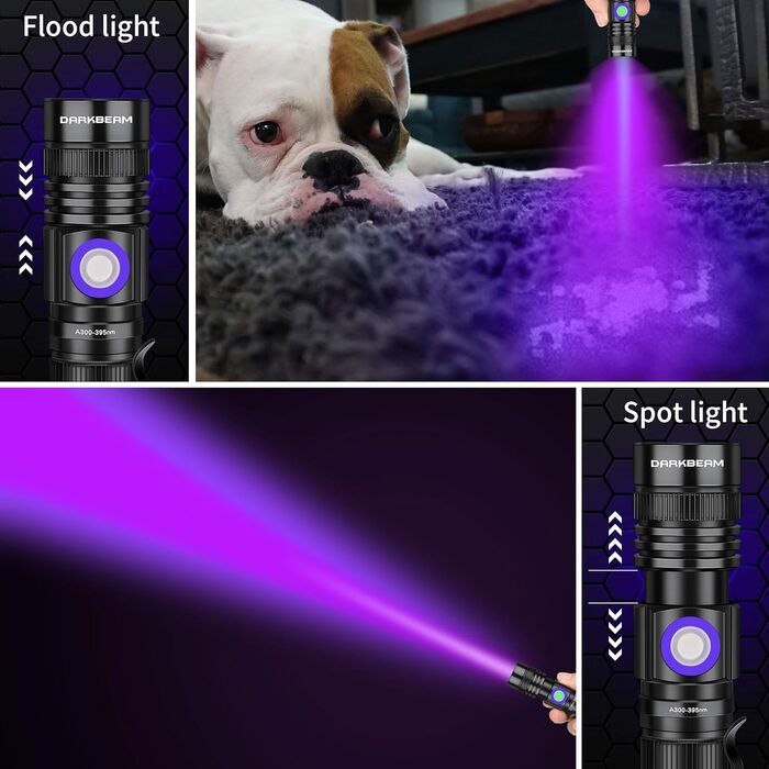 UV ліхтарик DARKBEAM 395nm, USB заряджання, LED, для затвердіння смоли, перевірки нігтів та сечі, з UV-окулярами