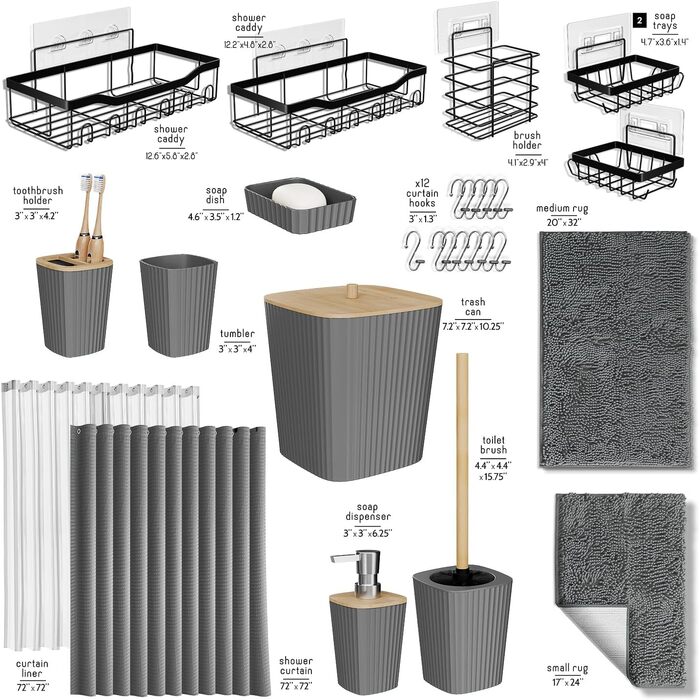 Набір аксесуарів для ванної кімнати: душова полиця, органайзер, зелений душовий завіс, WC-щітка, смітник, дозатор мила (27 предметів, сірий килимок)