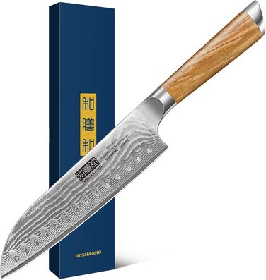 Японський ніж Santoku HOSHANHO з дамаської сталі, 18 см - гострий кухонний ніж з ергономічною ручкою, 67 шарів, у подарунковій коробці