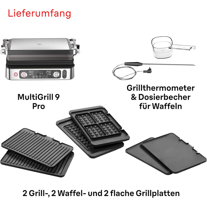 Braun MultiGrill 9 Pro CG 9167, contact grill with grill, flat, and waffle plates and temperature probe. Grill positions: contact, BBQ, oven. Dishwasher-safe plates, Boost function up to 265°.