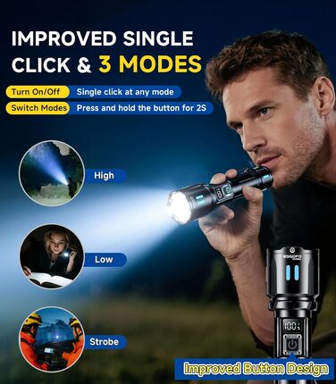 LED ліхтар Esgofo 500000 люменів, перезарядна, екстремально яскрава, 15 годин роботи, USB-C, дальність 1000м, регульований фокус та режими світла, для активного відпочинку та безпеки