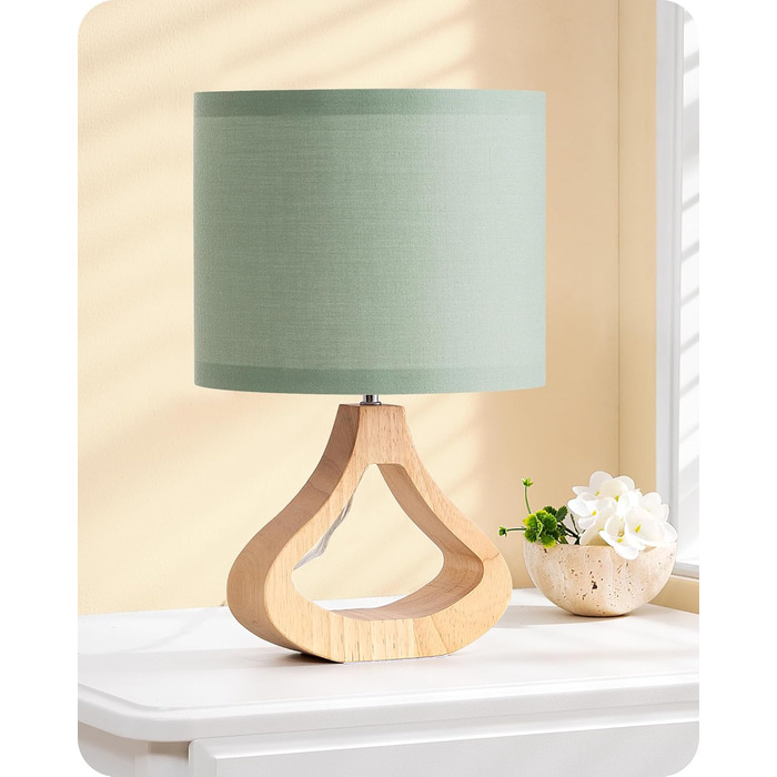 Дерев'яна настільна лампа EDISHINE з абажуром з льону, Е27, для вітальні, спальні, в стилі кантрі [Енергоклас F], колір: зелений льон