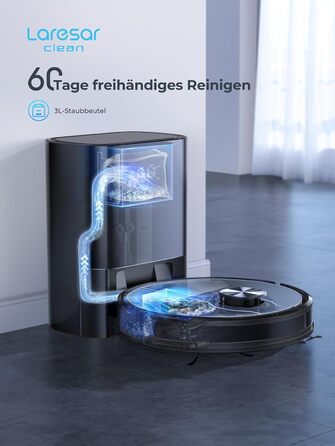 Робот-пилосос Laresar Clean з функцією миття підлоги, станція самоочищення L6 Nex, навігація LiDAR, 3л контейнер, до 180 хв роботи, 3-в-1 (прибирання, миття, пилосос), для видалення шерсті тварин, чорний
