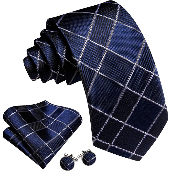Чоловіча краватка Barry.Wang з кишеньковим хустинкою та запонками, набір в клітинку, блакитна для весілля та урочистих заходів