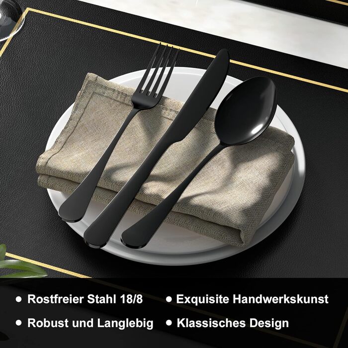 Набір столових приборів 36 шт. для 6 осіб - нержавіюча сталь, чорне матове покриття, ніж, виделка, ложка - придатний для миття в посудомийній машині