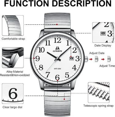 Чоловічий годинник: аналоговий кварцовий годинник з датою, водонепроникний, 38 мм, сріблястого кольору