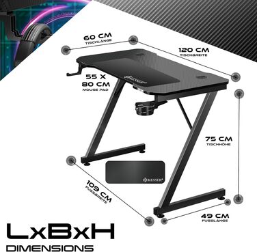 Ігровий стіл KESSER Gaming 120x60 см, Z-подібний ергономічний комп'ютерний стіл з карбоновим покриттям, підставкою для напоїв та гачком для навушників, чорний