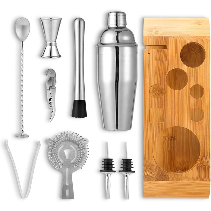 High-quality cocktail shaker set, cocktail mixing set, 10-piece, made of stainless steel, with bamboo storage, including cocktail shaker, jigger, strainer, muddler, bar spoon, ice tongs, bottle opener, and measuring tool.