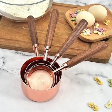 FBHappiness 4-Piece Stainless Steel Measuring Spoon Set with Walnut Handle, Copper Measuring Cup Set for Baking and Cooking