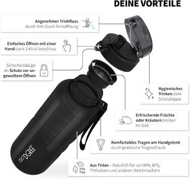 Пляшка для води 720°DGREE 'uberBottle' з ситечком, Tritan, 350мл-2л, чорна. Спортивна, дитяча, для фітнесу, школи, велосипеда, BPA-Free