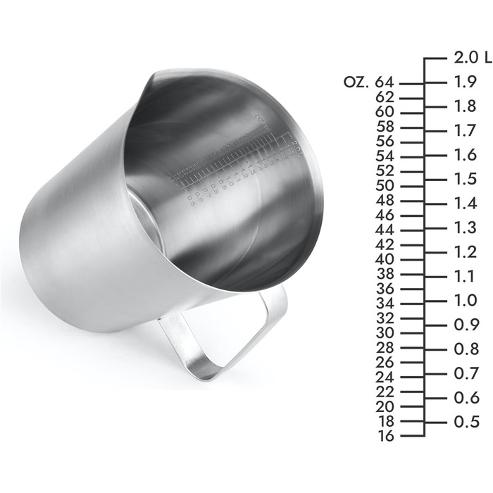 CURTA stainless steel measuring cup, 2L measuring cup, stainless steel milk frothing pitcher with markings, types of markings including ml, oz, and cup…