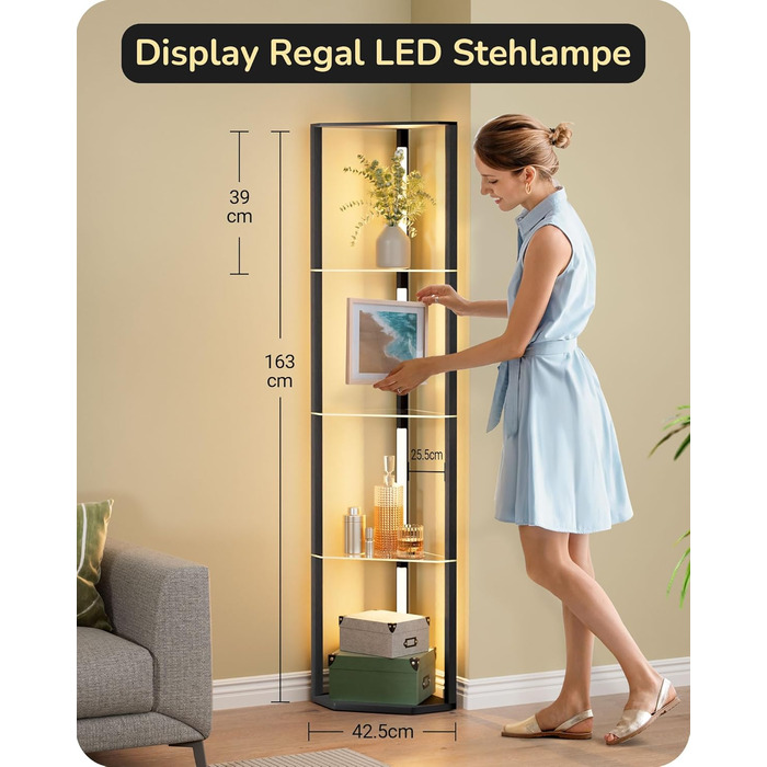 Стійка лампа EDISHINE з 4 полицями з дерева, LED диммер, 3 колірні температури, поворотний світловий маніпулятор, підсвічування полиць, футовий вимикач (чорний+скло)