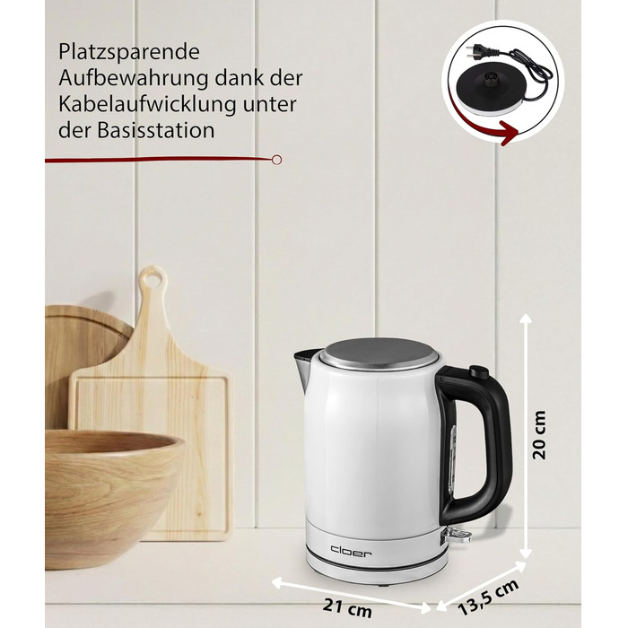 Електричний чайник Cloer 4511 з нержавіючої сталі, 2200 Вт, білий, 1 літр