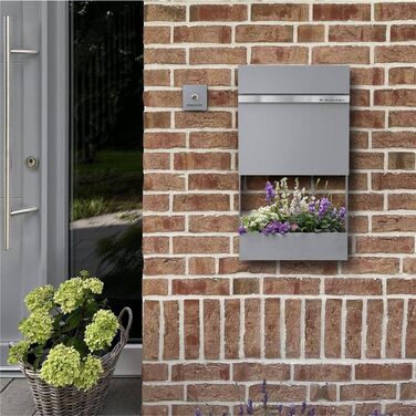 Поштовий ящик Metzler з газетницею Anthrazit, персоналізований з табличкою з нержавіючої сталі V2A, порошкове покриття RAL 7016, настінний, Stelio (RAL 9007)