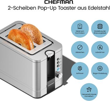 Тостер Chefman з 2-ма відділеннями, 7 ступенів підсмажування, знімний піддон для крихт, для товстого хліба та багелів, функція розморожування та відміни, ідеальний як тостер-гриль (з нержавіючої сталі)