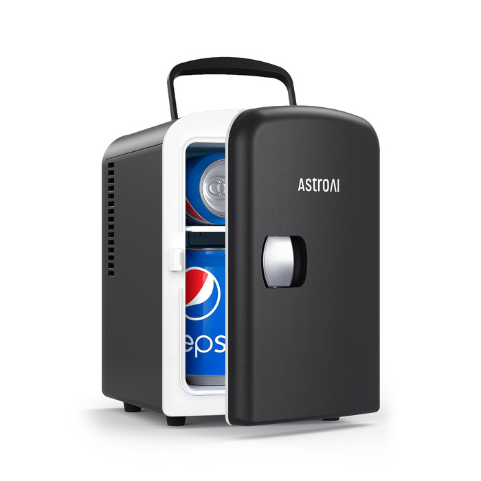 Міні-холодильник AstroAI, 4 літри, 6 банок, для авто, офісу, кімнати, косметики, 220V/12V, чорний