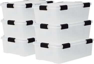 Iris Ohyama Airtight Plastic Storage Boxes with Lids, 50L, Set of 4, Hermetic Waterproof Seal, Robust Snap Closures, Stackable, Dustproof, BPA-Free, DDAT-L (Transparent, 30L x 6)