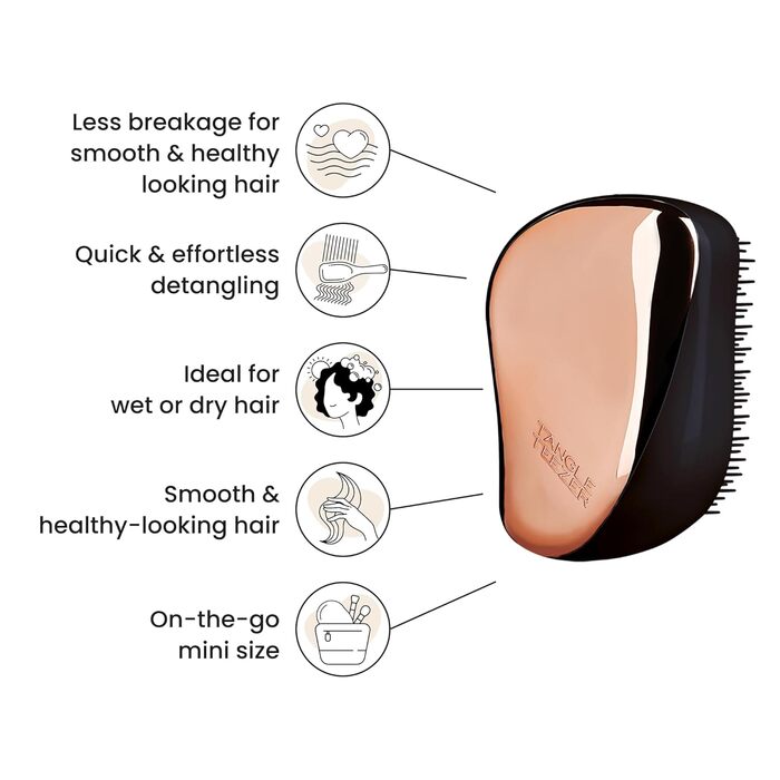 Тізер Tangle Teezer Compact Styler – Щітка для розчісування мокрого та сухого волосся. Підходить для всіх типів волосся. З захисною кришкою. Чорний & Рожеве золото