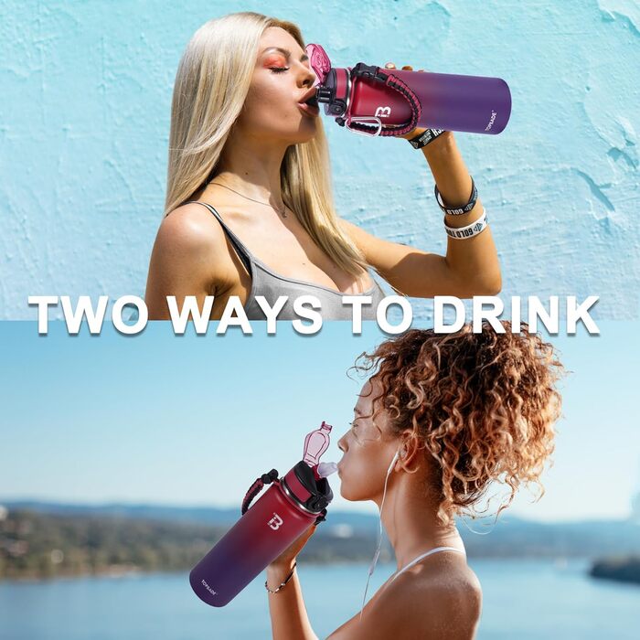 Stainless Steel Water Bottle 1900 ml (+2 Lids), 1.9 Liter Insulated Water Bottle with Straw, Leak-Proof Double-Walled Insulated Bottle with Chug Lid for School, Fitness, Outdoor (710 ml, Red Blue)