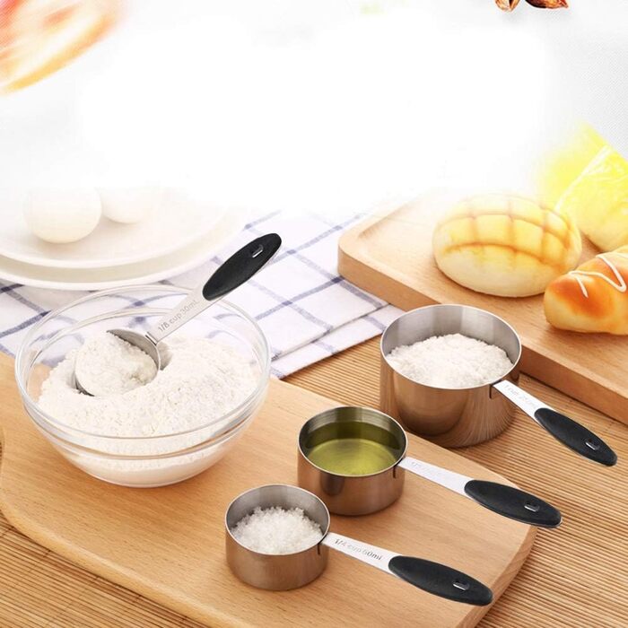 Stainless steel measuring cups and spoons, 10-piece set with storage rings, nesting teaspoons for measuring dry and liquid ingredients. Spoons