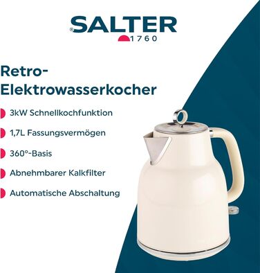 Водовар Salter Retro 1.7L, 3kW, бездротовий, з фільтром від накипу, кремовий