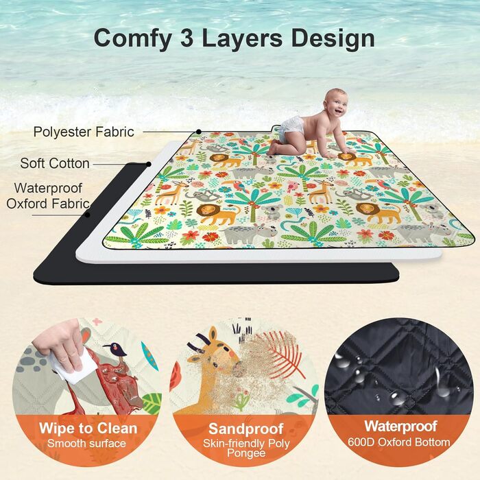 Outplea Extra Large Kids Picnic Blanket Waterproof 200 * 200cm, Beach Mat Camping Blanket Padded Foldable, Outdoor Travel Mat Picnic Blanket, Zoo