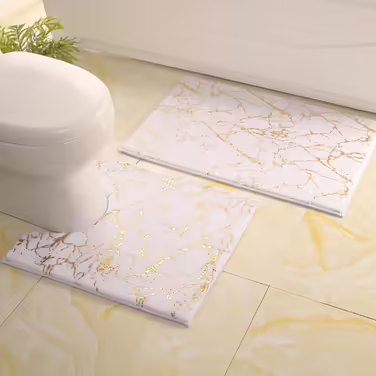 QJHOMO Non-Slip Bath Mat Washable Bathroom Rug, Toilet Rug with Cutout White Bathroom Carpet, Gold Decorative Toilet Rug Luxury Bath Accessories, Soft Microfiber Absorbent Bath Mat 50x60 cm