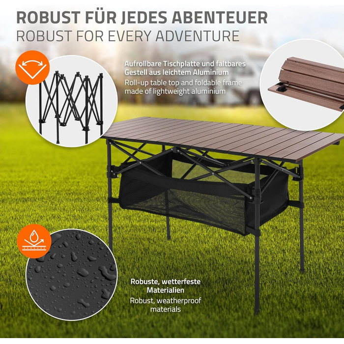 Стіл для кемпінгу Hauki, розкладний, коричневий, 118 x 55 x 64,5 см, алюмінієвий, з мотузковою поверхнею, для відпочинку, саду, балкону, подорожей, ринку, з сумкою, колір: коричневий (темне дерево)