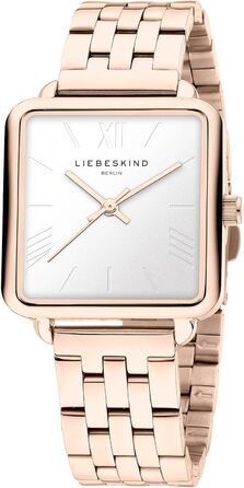 Жіночий годинник Liebeskind Berlin – Квадратні годинники з кварцовим механізмом 28x28 мм – Водостійкість 3 ATM – Ремінець з нержавіючої сталі, шкіри або сітки – Сучасний та універсальний (Рожеве золото / Білий)