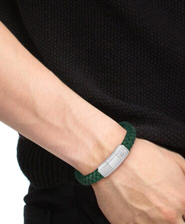 Браслет шкіряний Lacoste ROKEL плетене шкіряне, з магнітною застібкою (зелений/чорний)