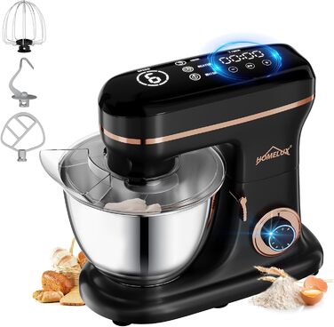 Кухонна машина HOMELUX 1800W з чашею 8 л з нержавіючої сталі, 6 швидкостей, LED-дисплей, насадки для замішування, збивання та взбивання, захист від бризок (чорний)