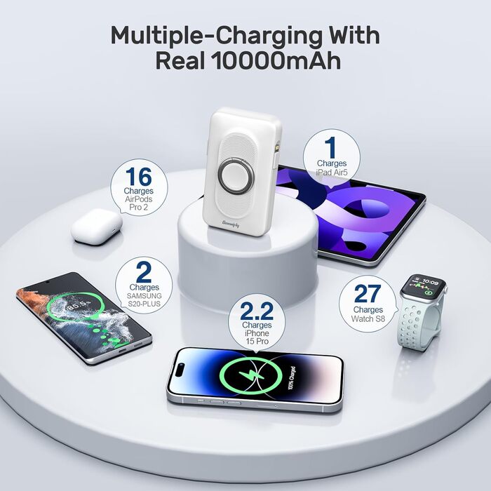 Power Bank 5-в-1 з 2 кабелями, 10000 mAh, магнітна бездротова батарея з кріпленням та підставкою, швидка зарядка, зовнішній акумулятор для iPhone 16/15/14/13, iWatch, подорожі, кемпінг, на вулицю