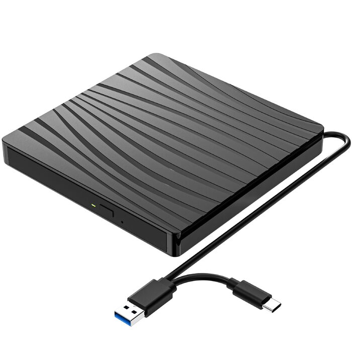 Зовнішній DVD-накопичувач USB 3.0 та Type-C, портативний CD/DVD +/-RW записувач для ноутбука, ПК, MacBook, iMac (Windows, macOS, Linux), чорний