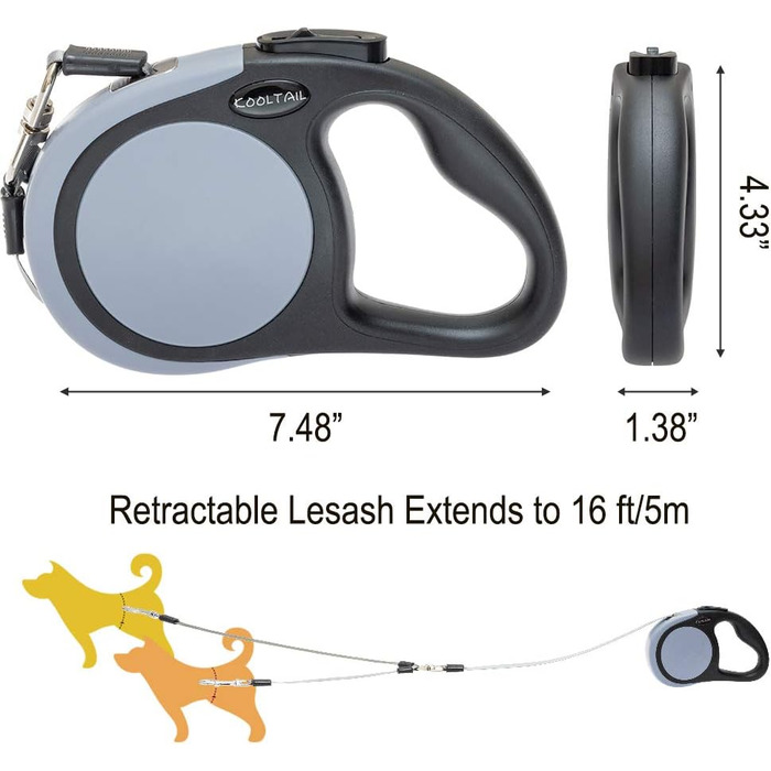 KOOLTAIL Подвійна висувна собача шлейка - міцна, двоколірна 5 м висувна шлейка для собак маленьких, середніх та великих порід, для прогулянок, 2 собаки до 50 кг, сіра