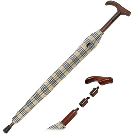 iX-brella Standing Umbrella, Height Adjustable with Wooden Handle - Beige Checkered