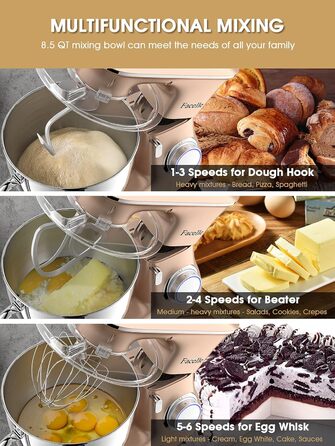 Facelle 2000W 8.5L Stand Mixer - Dough & Cake Mixer with Whisk, Dough Hook, Beater & Splash Guard for Baking, Cakes, Cookies, Kneading, 6+ Speed - Champagne Color