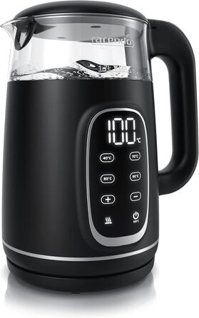 Електричний чайник Arendo зі скляною колбою, регулюванням температури, нержавіючою сталлю, подвійними стінками (Cool Touch), дисплеєм, бездротовим підключенням, 2200 Вт, 1,7 л, захистом від перегріву, функцією підтримання тепла, чорний