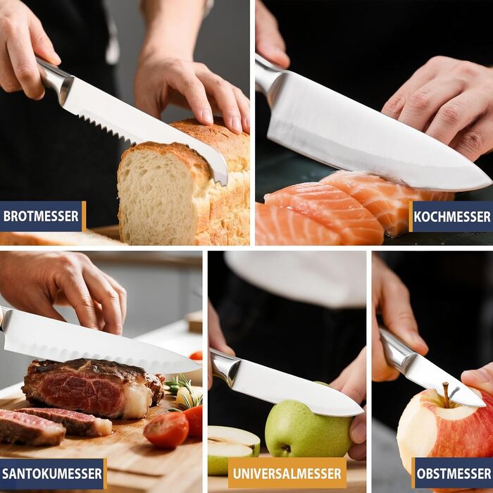Fimaten 6-Piece Wooden Knife Block Set - Kitchen Knife Set with Chef's Knife, Santoku Knife, Bread Knife, Fruit Knife, Utility Knife & Sharpener