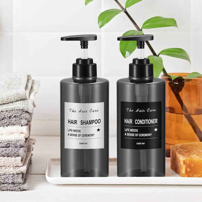 4 шт. Наповнювані порожні флакони для шампуню, 500 мл, флакони-дозатори для мила, пластикові флакони з помпою, дозатори для лосьйонів, рідкого мила, шампуню, кондиціонера, гелю для душу, наклейки (прозорий/чорний, плоский наконечник)