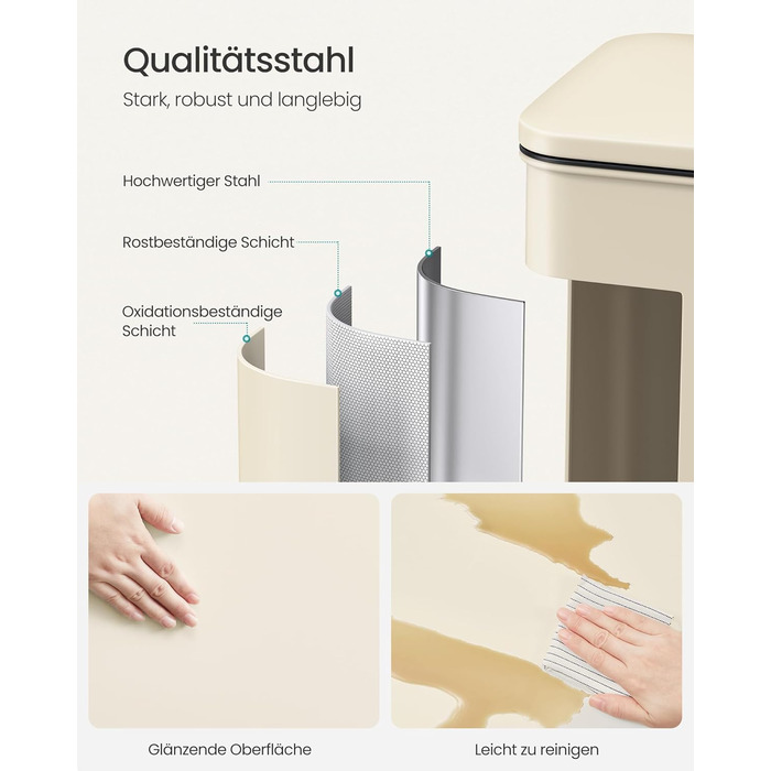 Відро для сміття SONGMICS 40 л, сталеве, з м'яким закриттям, з мішками, пісочно-бежеве (LTB540A02)