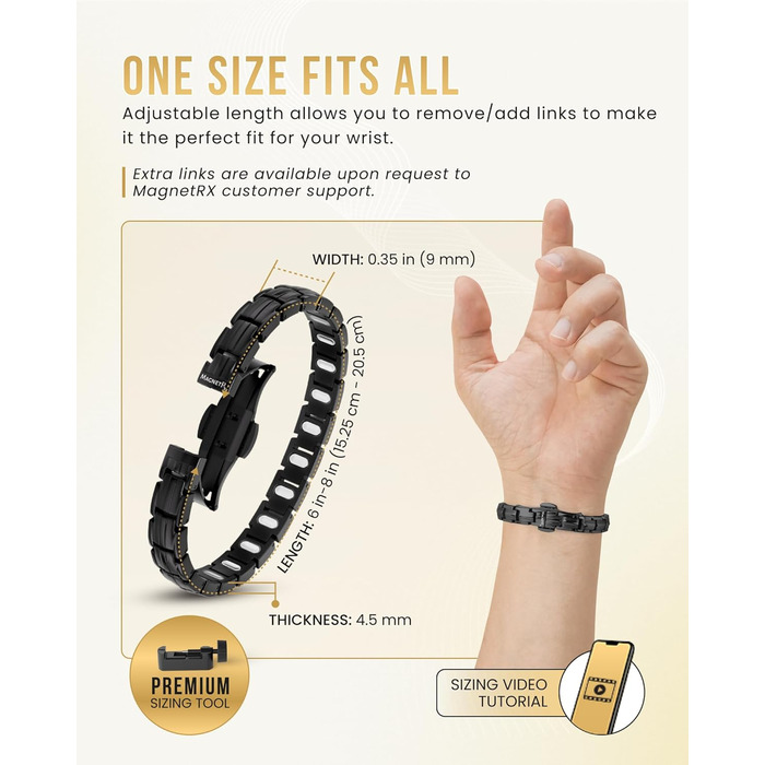 Браслет на магнітах MagnetRX® Ultrastarkes Titan для жінок – титановий браслет з регулюванням розміру, чорний (5x Strength)