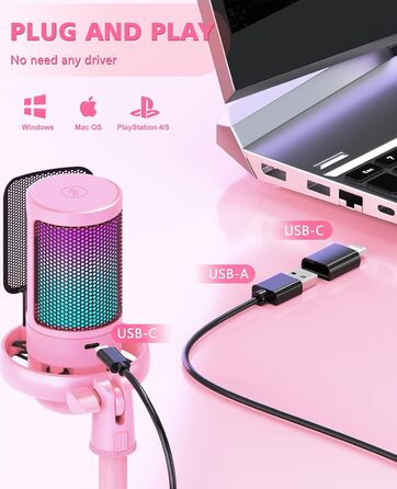 Мікрофон для ПК NJSJ Gaming з тримачем, USB мікрофон для Mac, PS4, PS5 (рожевий) з кнопкою вимкнення звуку, навушниками, поп-фільтром, кардіоїдний конденсаторний мікрофон для подкастів та стрімінгу