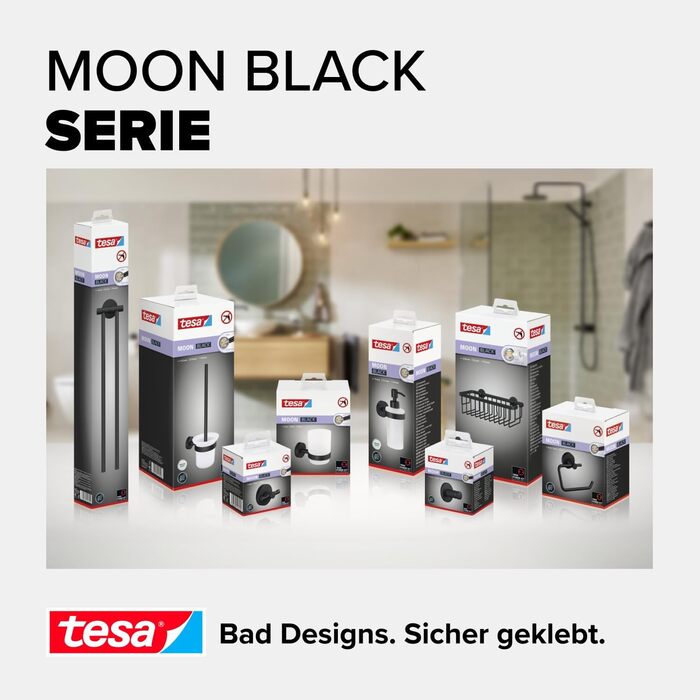 Кільце для рушників tesa Moon Black, овальне, матове чорне, настінне, без свердління, з клеєм, 53x184x130 мм