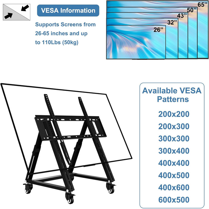 Мобільна підставка для телевізора з колесами, регульована по висоті, VESA 900x600, до 65 дюймів
