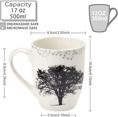Набір з 4 чашок для кави, 350 мл, кераміка, з різними малюнками дерев, чашка для кави
