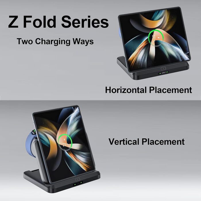 Бездротова зарядка 3-в-1 для Samsung Galaxy: S25/S24/S23/S22, Z Flip 6/5, Z Fold 6/5, Buds3 Pro/Buds3, Watch7/Watch Ultra/Watch6 (Чорний)