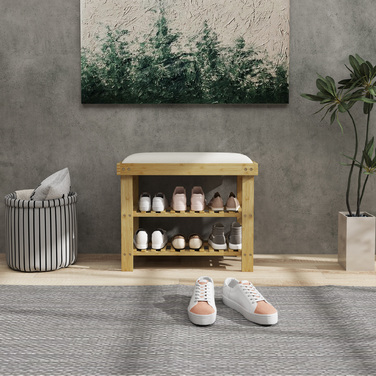 HOMCOM Shoe Cabinet with Seat, Bamboo Bench with Storage, Shoe Rack with 2 Open Compartments, Bench, Bank, Coat Room Bench for Living Room, Hallway, 60 x 29 x 49 cm Cream White | Aosom