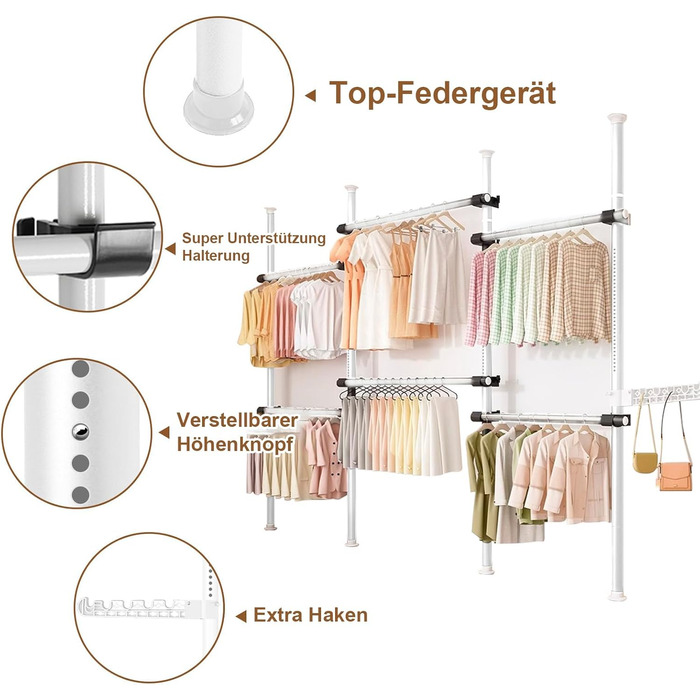 Телескопічна система для гардеробу: розширювана штанга для одягу з 6 штангами та 2 гачками, регульована полиця 110-300 см, для дому та магазину одягу, білий (срібний)