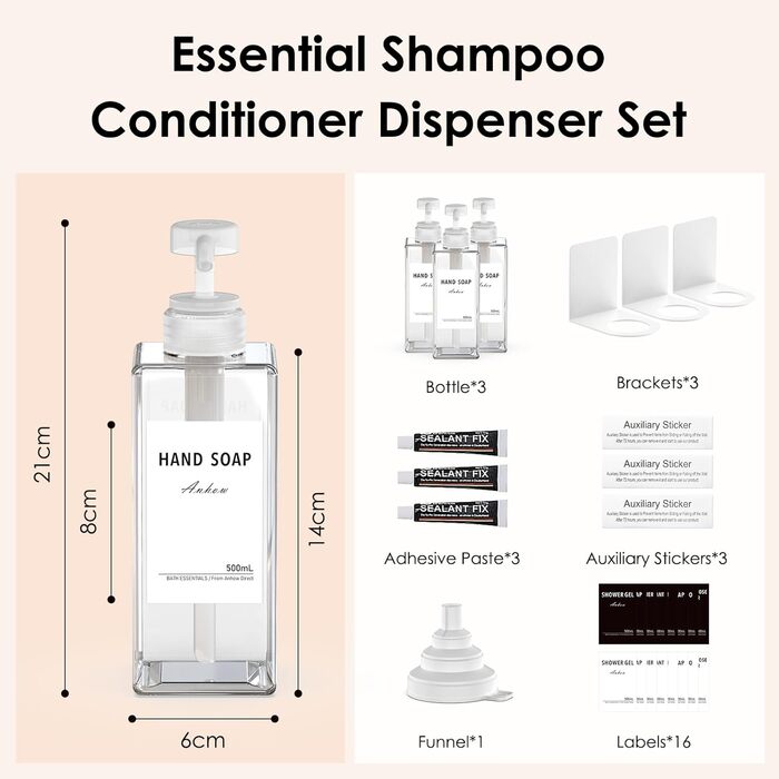 Дозатор мила Anhow 3er PETG для стін, набір з 3 шт. Без свердління, прозорий, 500 мл, з 16 водонепроникними етикетками для кухні/ванної кімнати